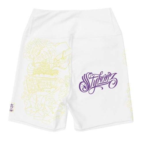 Women's Graffiti Yoga Shorts feat The Train Master White - Stykonz Graffiti Streetwear