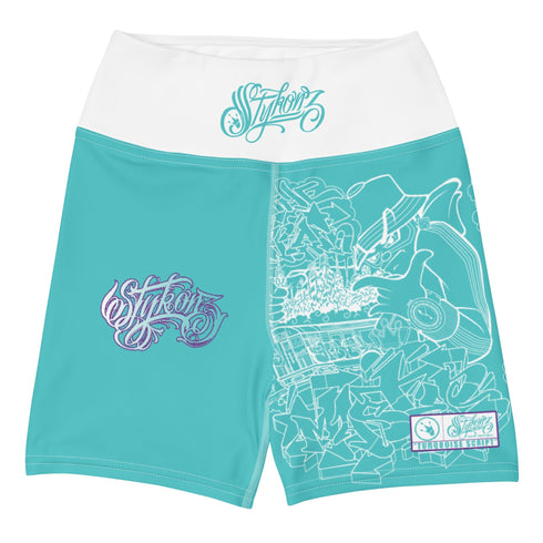 Women's Graffiti Yoga Shorts feat Turquoise Mix Script - Stykonz Graffiti Streetwear