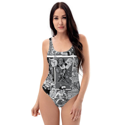 Grafkini™ Women's Graffiti One - Piece Swimsuit B&W Comic Stykonz 1 - Stykonz Graffiti Streetwear
