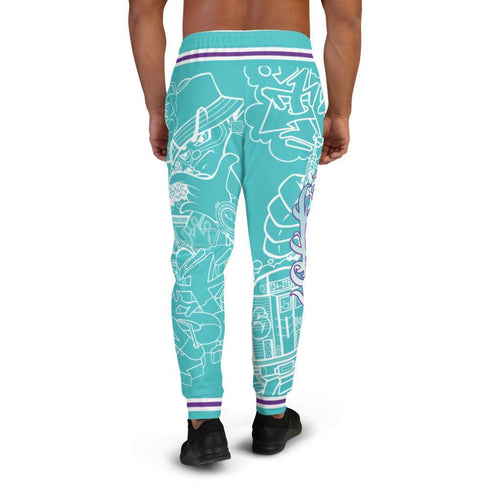 Men's Graffiti Joggers Stykonz Turquoise Mix Script | Hip - Hop Streetwear Joggers - Stykonz Graffiti Streetwear