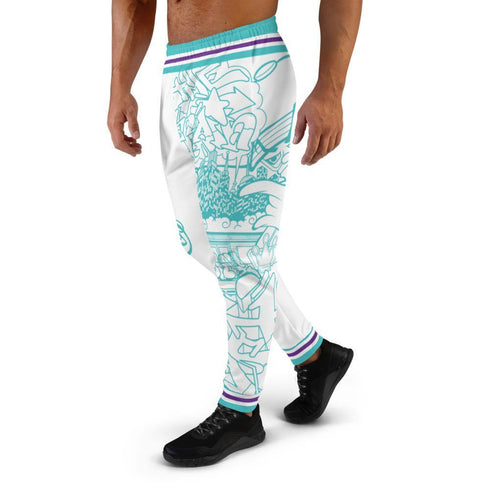 Men's Graffiti Joggers Stykonz Turquoise & White Mix Script | Hip - Hop Streetwear Joggers - Stykonz Graffiti Streetwear