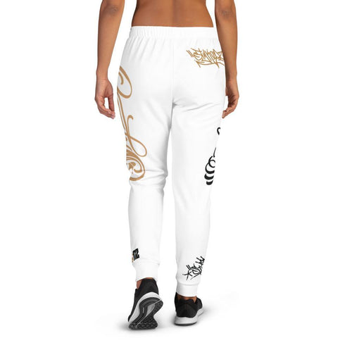Women's Graffiti Joggers Gold and Black on White Scriptkonz Tag - Stykonz Graffiti Streetwear