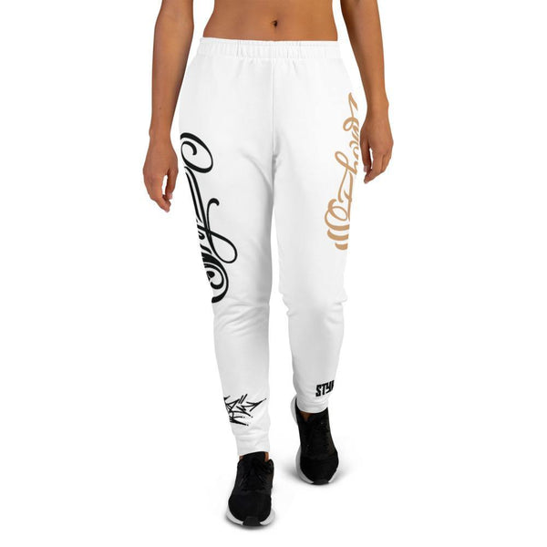 Women's Graffiti Joggers Gold and Black on White Scriptkonz Tag - Stykonz Graffiti Streetwear