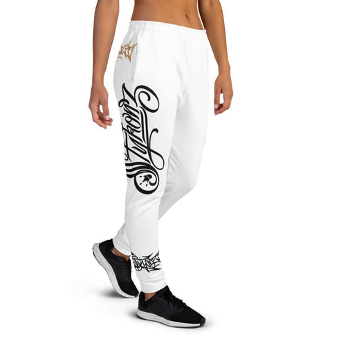 Women's Graffiti Joggers Gold and Black on White Scriptkonz Tag - Stykonz Graffiti Streetwear